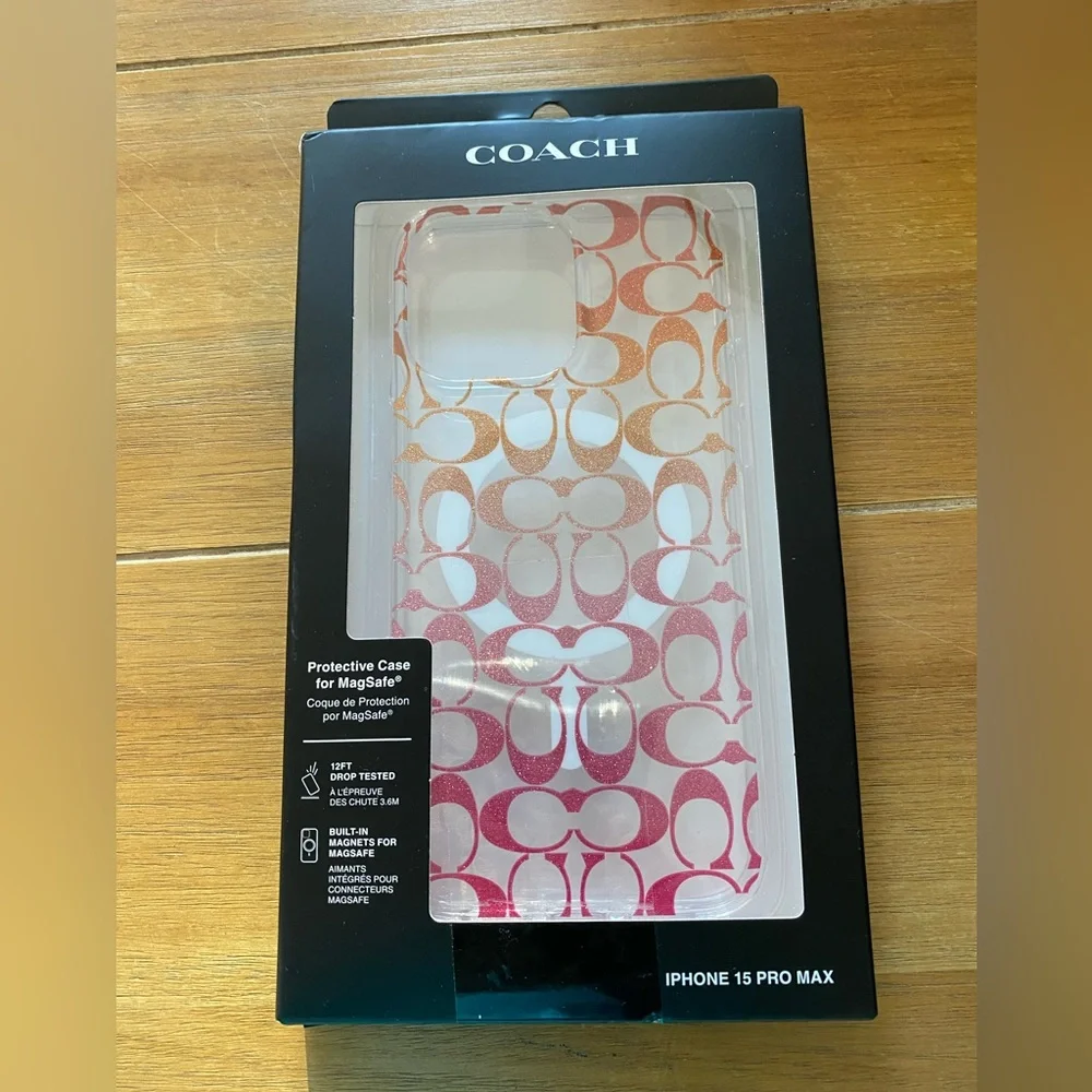 NWT Coach Logo Pink Glitter Ombré IPhone 15 Pro Max Case